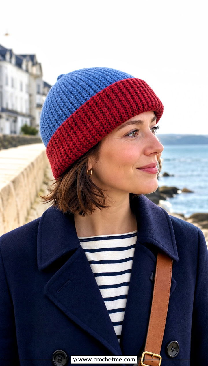Two Tone Short Row Fisherman Beanie With Peacoat - 25 Crochet Short Rows Hat outfit ideas