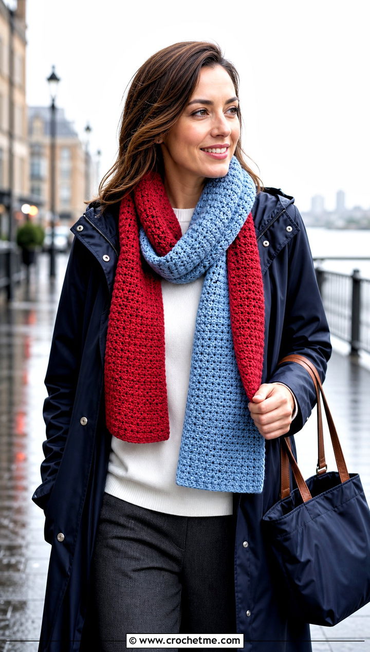 Two Tone Single Crochet Scarf With Raincoat And Ankle Boots - 25 Single Crochet Scarf outfit ideas