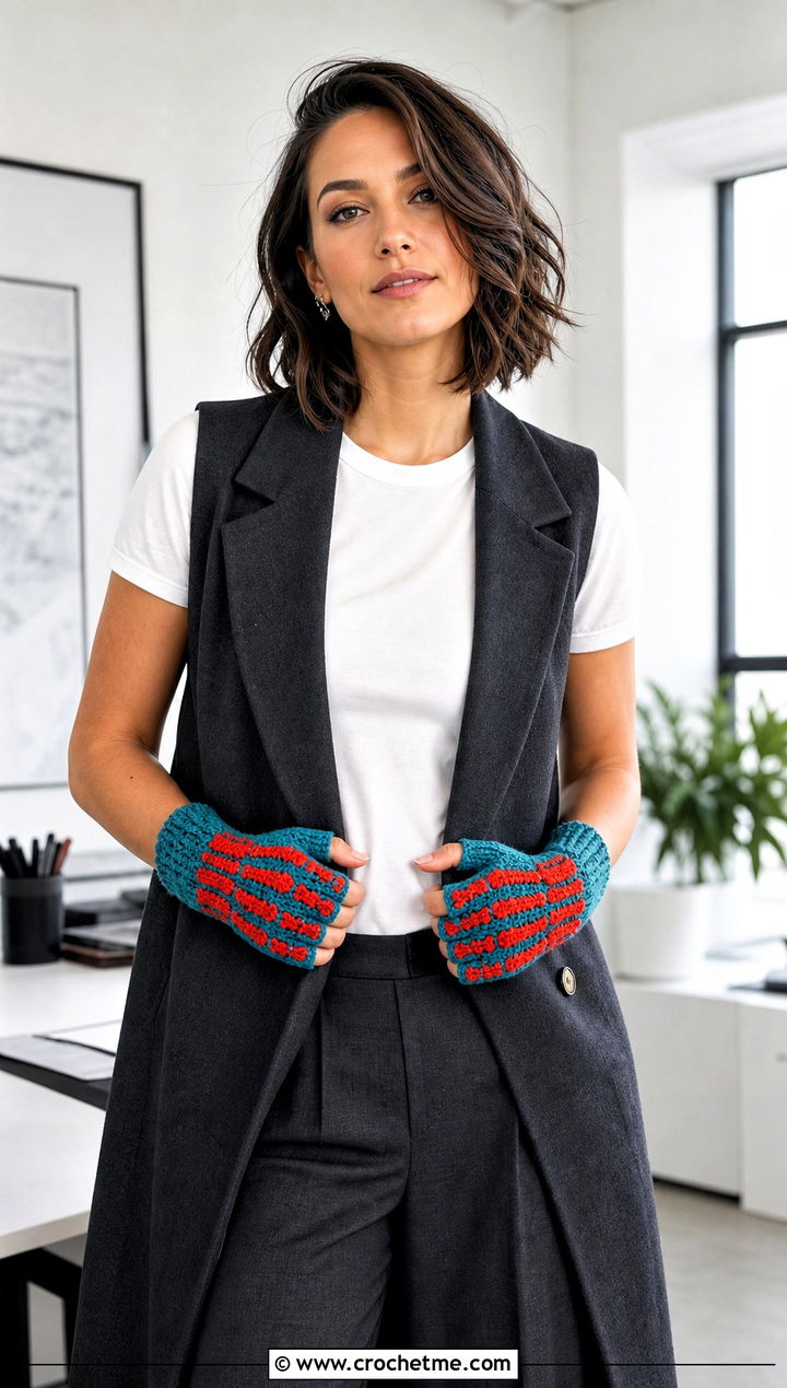 Two Tone Skeleton Crochet Fingerless Mitts With Tailored Vest - 15 Skeleton Crochet Fingerless Gloves outfit ideas