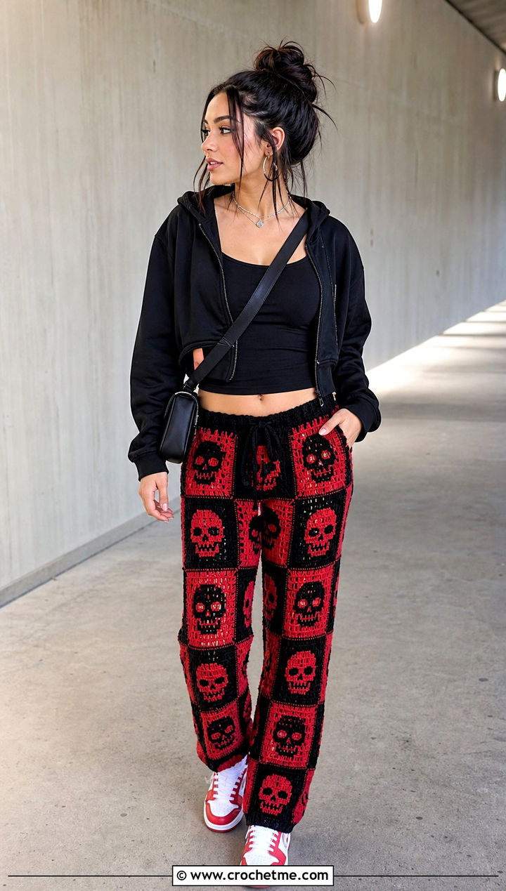 Two Tone Skull Crochet Pants With Hoodie - 15 Skull Crochet Pants outfit ideas