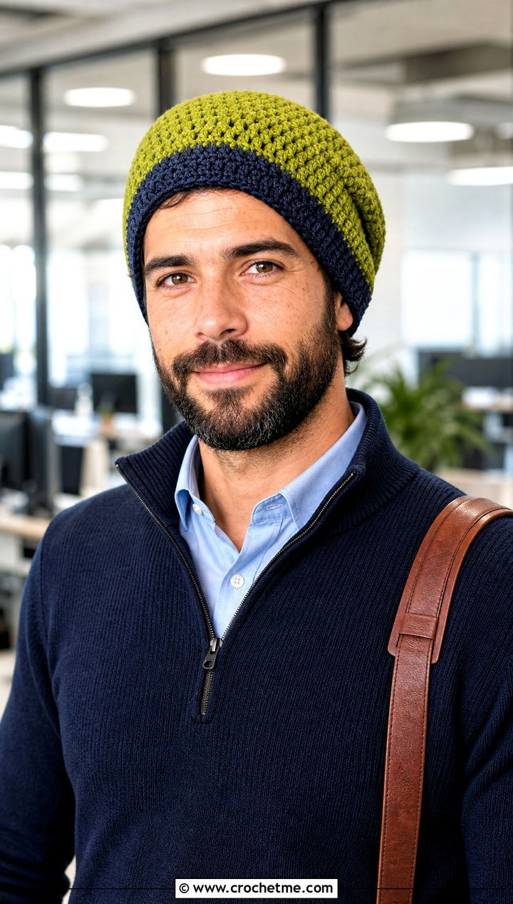 Two Tone Slouch Crochet Beanie With Office Casual Outfit - 20 Mens Slouch Crochet Beanie outfit ideas