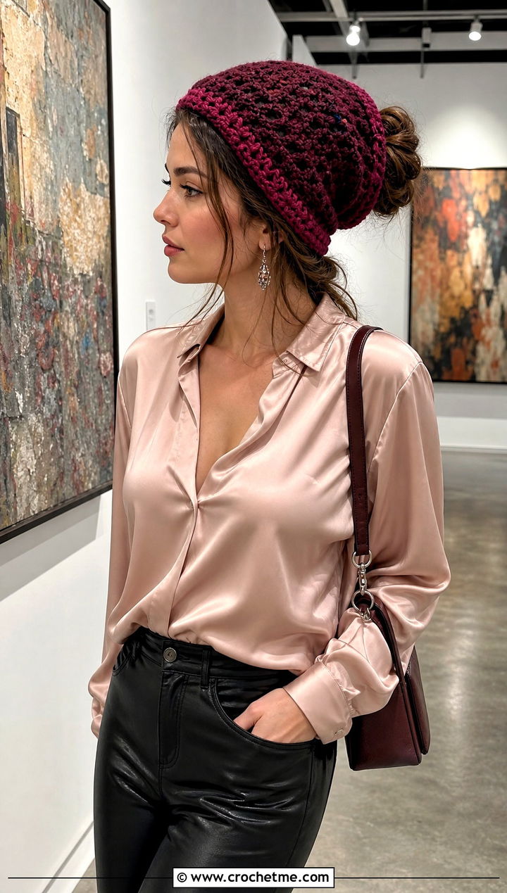 Two Tone Slouchy Messy Bun Crochet Hat With Leather Pants - 25 Easy Messy Bun Crochet Hat outfit ideas