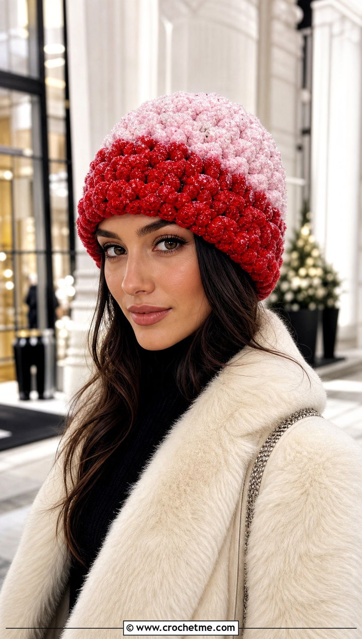 Two Tone Snowy Puff Crochet Hat With Faux Fur Coat - 15 snowy puff crochet hat outfit ideas