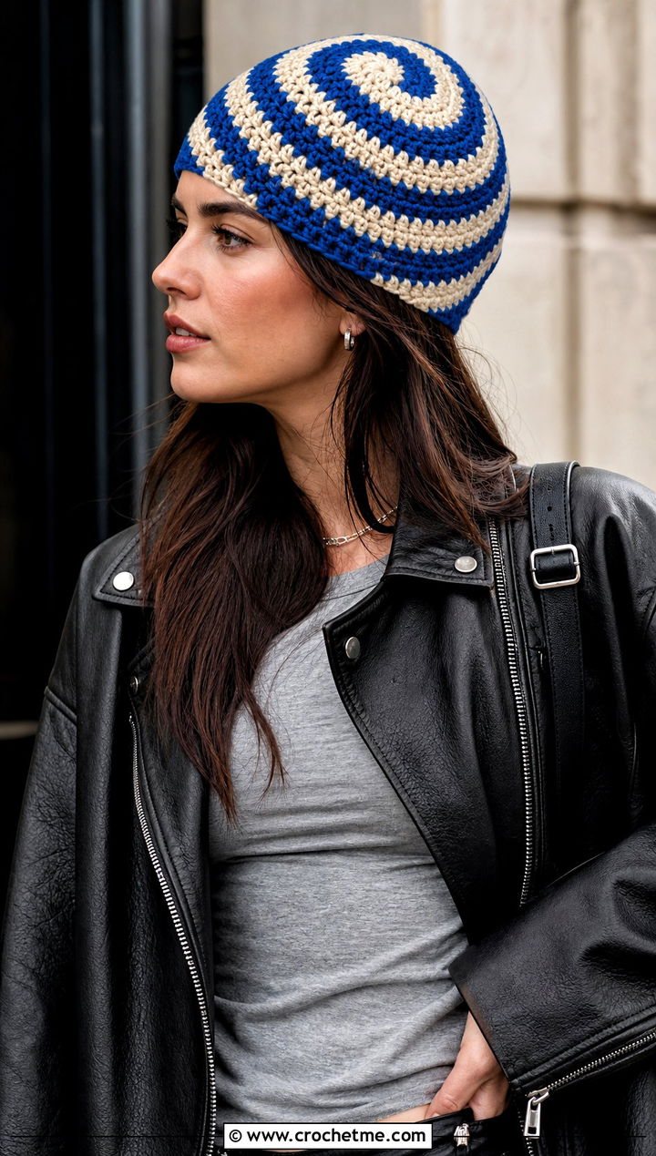 Two Tone Spiral Beanie With Leather Jacket - 15 crochet swirl beanie outfit ideas