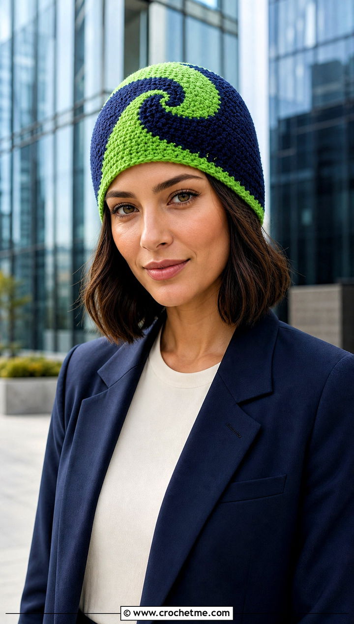 Two Tone Spiral Crochet Beanie With Trouser Suit - 25 Spiral Crochet Hat outfit ideas