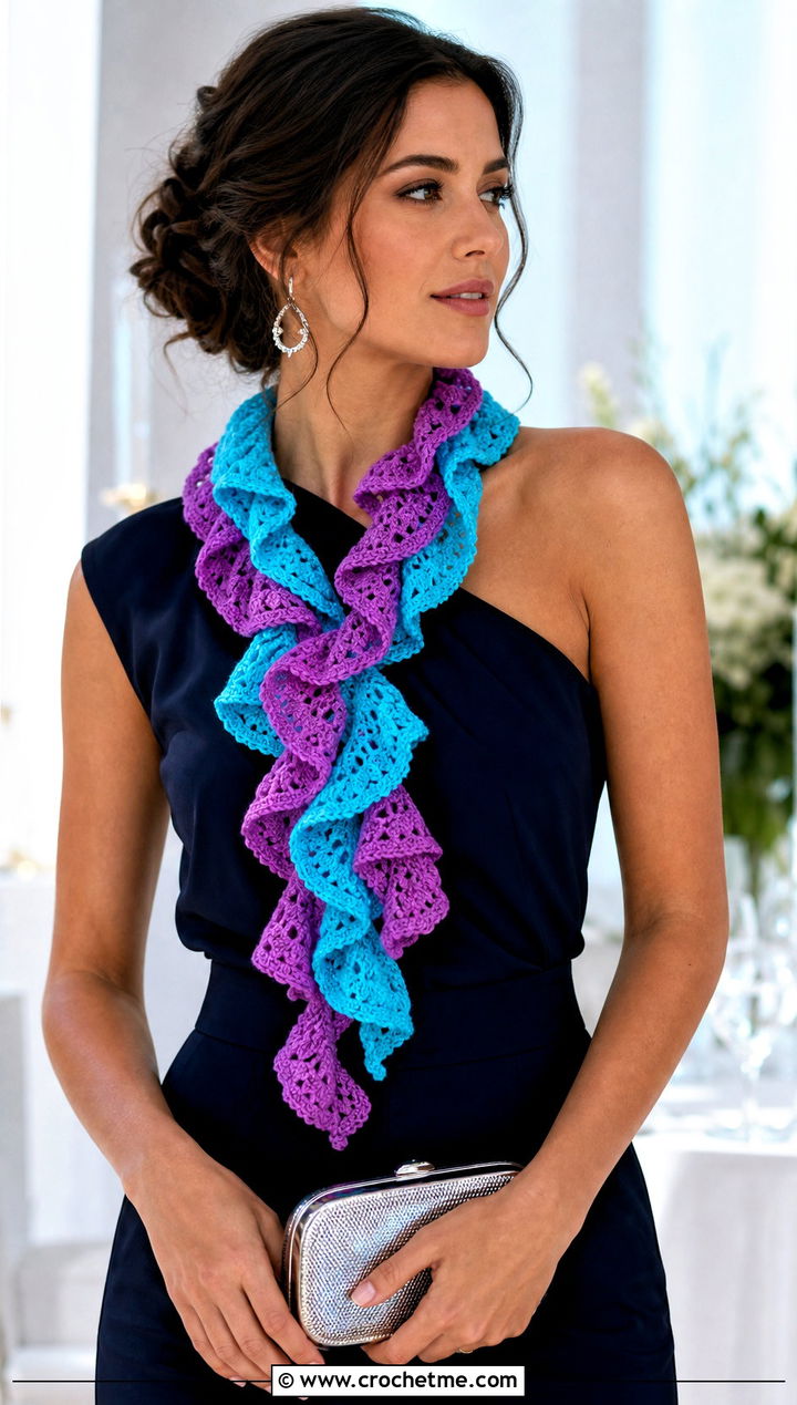 Two Tone Spiral Crochet Scarf With Party Outfit - 15 easy spiral crochet scarf outfit ideas
