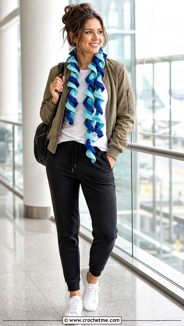 Two Tone Spiral Ruffle Scarf With Bomber Jacket And Joggers - 30 crochet ruffle scarf outfit ideas