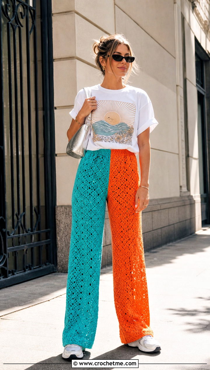 Two Tone Split Leg Crochet Pants With Graphic Tee - 25 colorful crochet pants outfit ideas