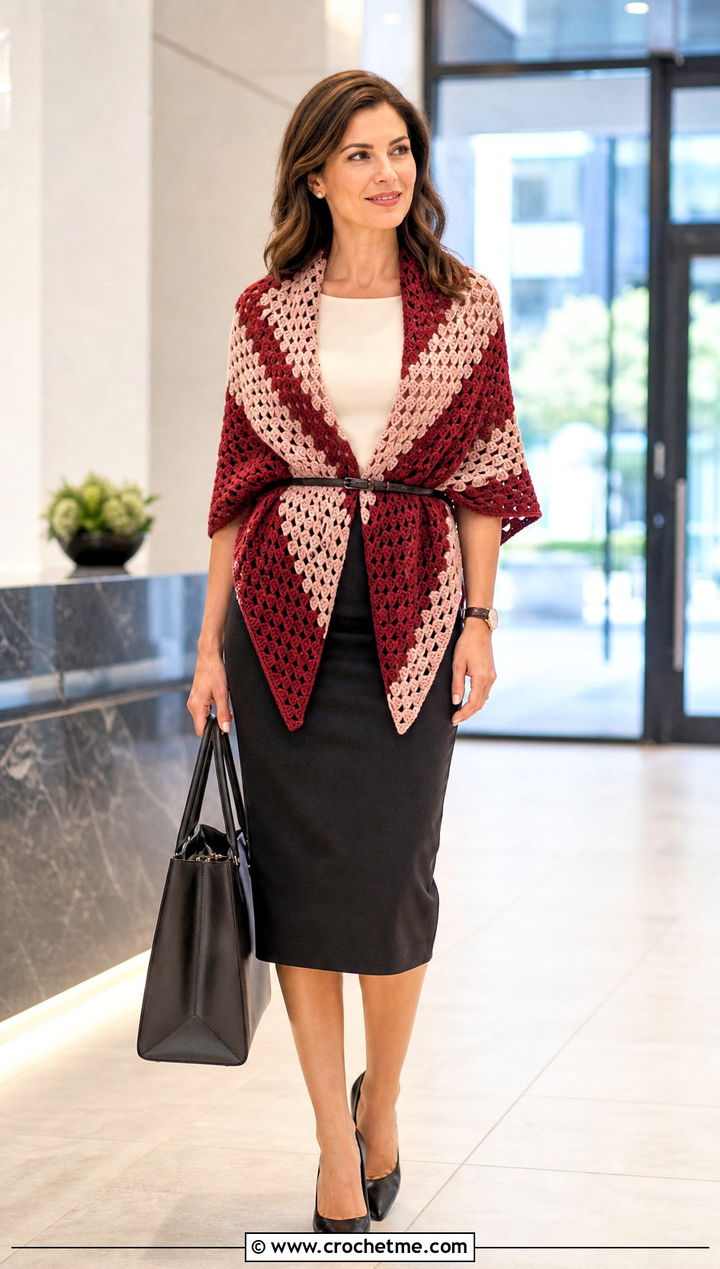 Two Tone Square Crochet Shawl With Pencil Skirt - 25 Square Crochet Shawl outfit ideas