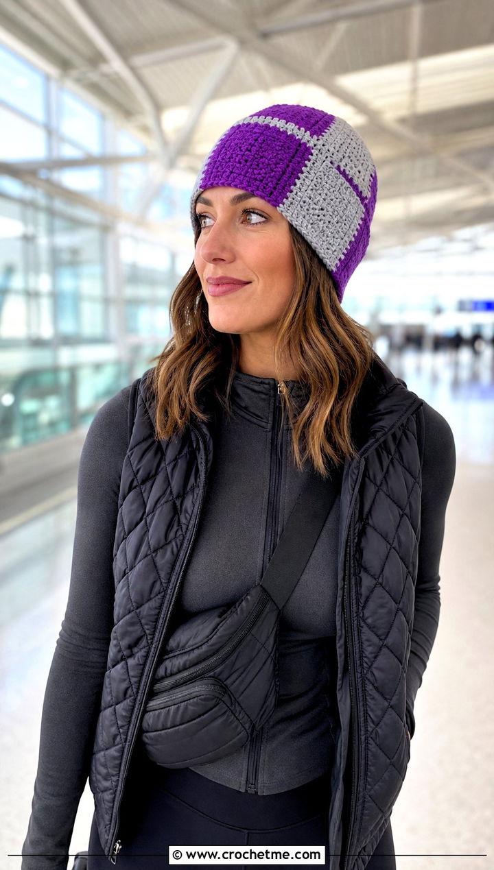 Two Tone Square Panel Beanie With Athleisure Set - 30 crochet square hat outfit ideas
