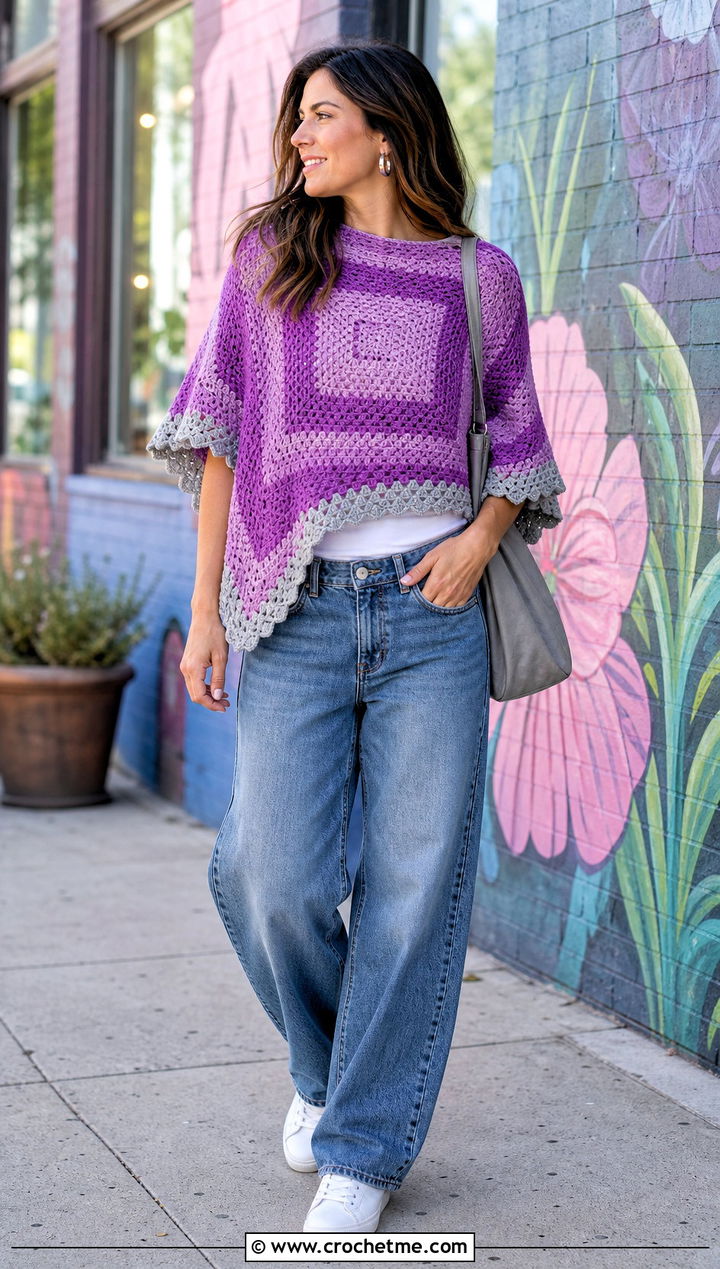 Two Tone Square Poncho With Barrel Leg Jeans - 30 crochet square poncho outfit ideas