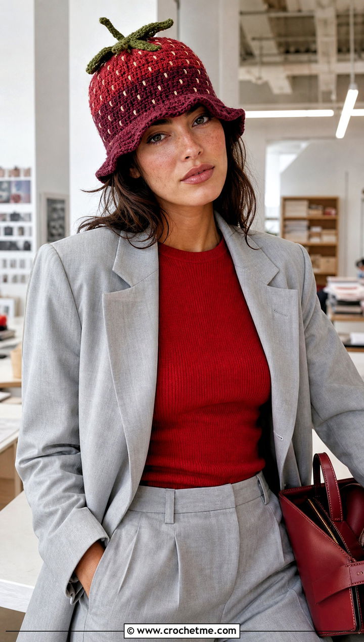 Two Tone Strawberry Crochet Bucket Hat With Trouser Suit - 15 strawberry crochet bucket hat outfit ideas
