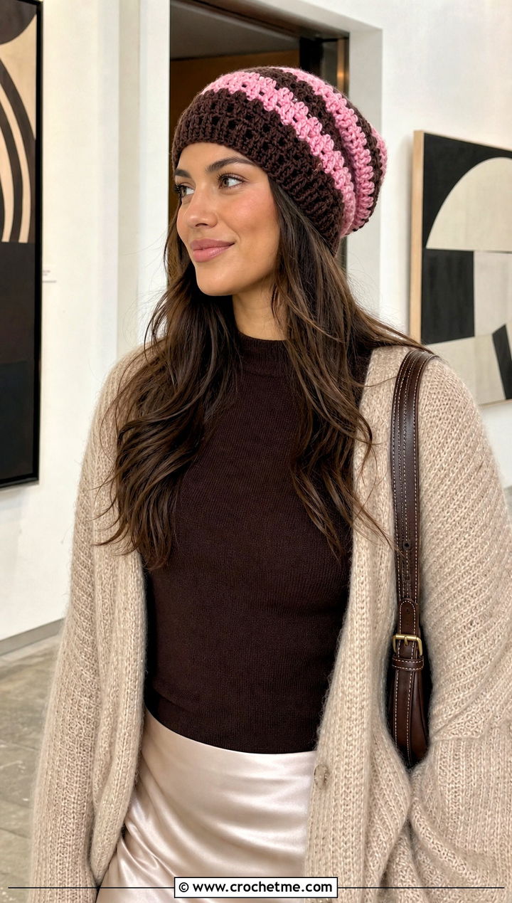 Two Tone Stripe Slouchy Crochet Beanie With Satin Skirt - 15 Striped Slouchy Crochet Beanie outfit ideas