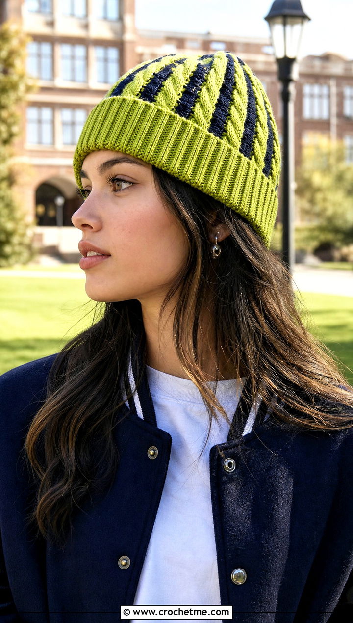 Two Tone Striped Cable Crochet Beanie With Varsity Jacket - 15 cabled crochet beanie design outfit ideas