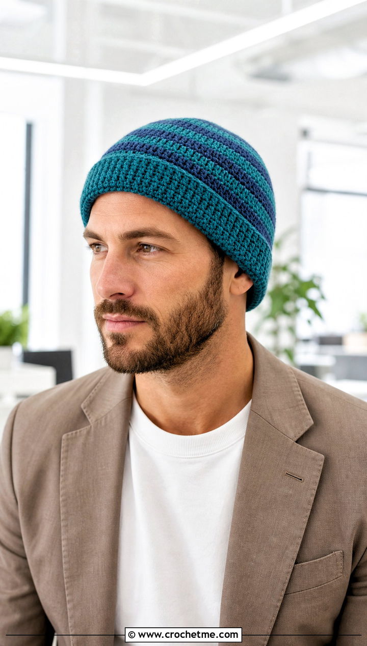 Two Tone Striped Crochet Beanie With Tailored Blazer - 15 mens striped crochet beanie outfit ideas