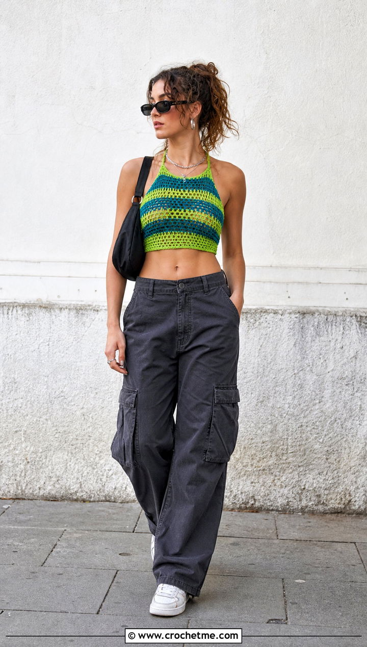 Two Tone Striped Crochet Crop Top With Cargo Pants - 25 Two Toned Crochet Top outfit ideas