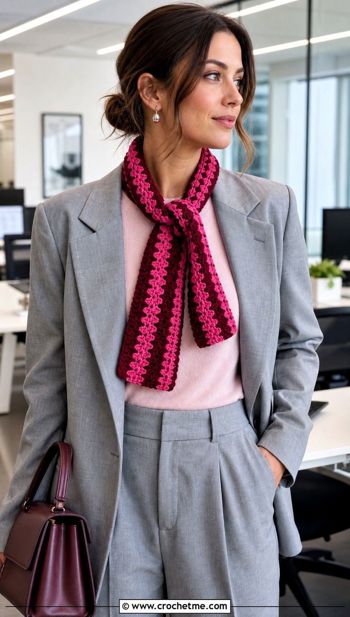 Two Tone Striped Crochet Scarf With Trouser Suit - 30 striped crochet scarf outfit ideas