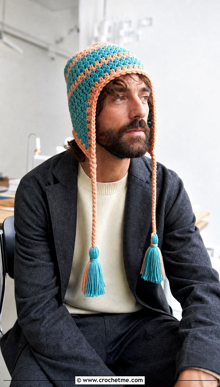 Two Tone Tassel Crochet Earflap Hat With Relaxed Suit - 20 Mens Crochet Earflap Hat outfit ideas