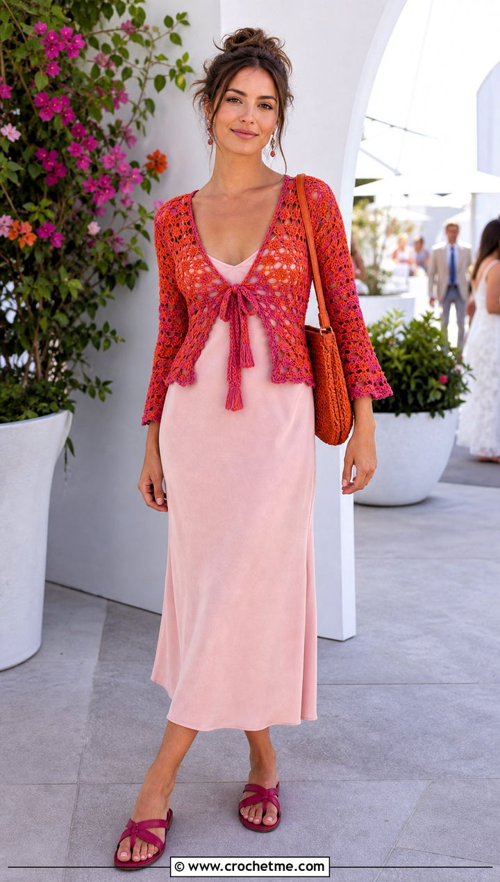 Two Tone Tie Front Crochet Top With Slip Dress - 30 2 Color Crochet Top outfit ideas
