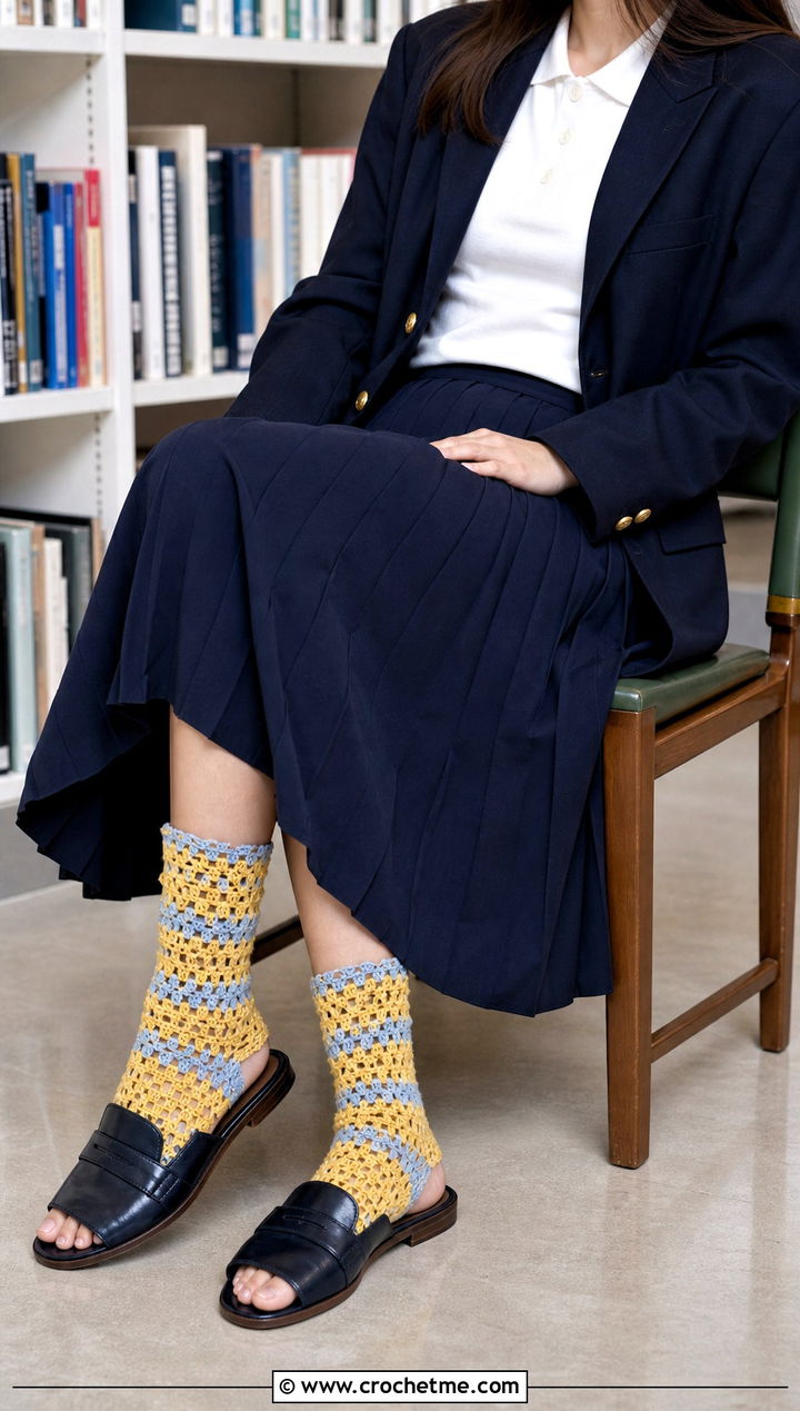 Two Tone Toeless Crochet Socks With Pleated Skirt - 20 Toeless Crochet Socks outfit ideas