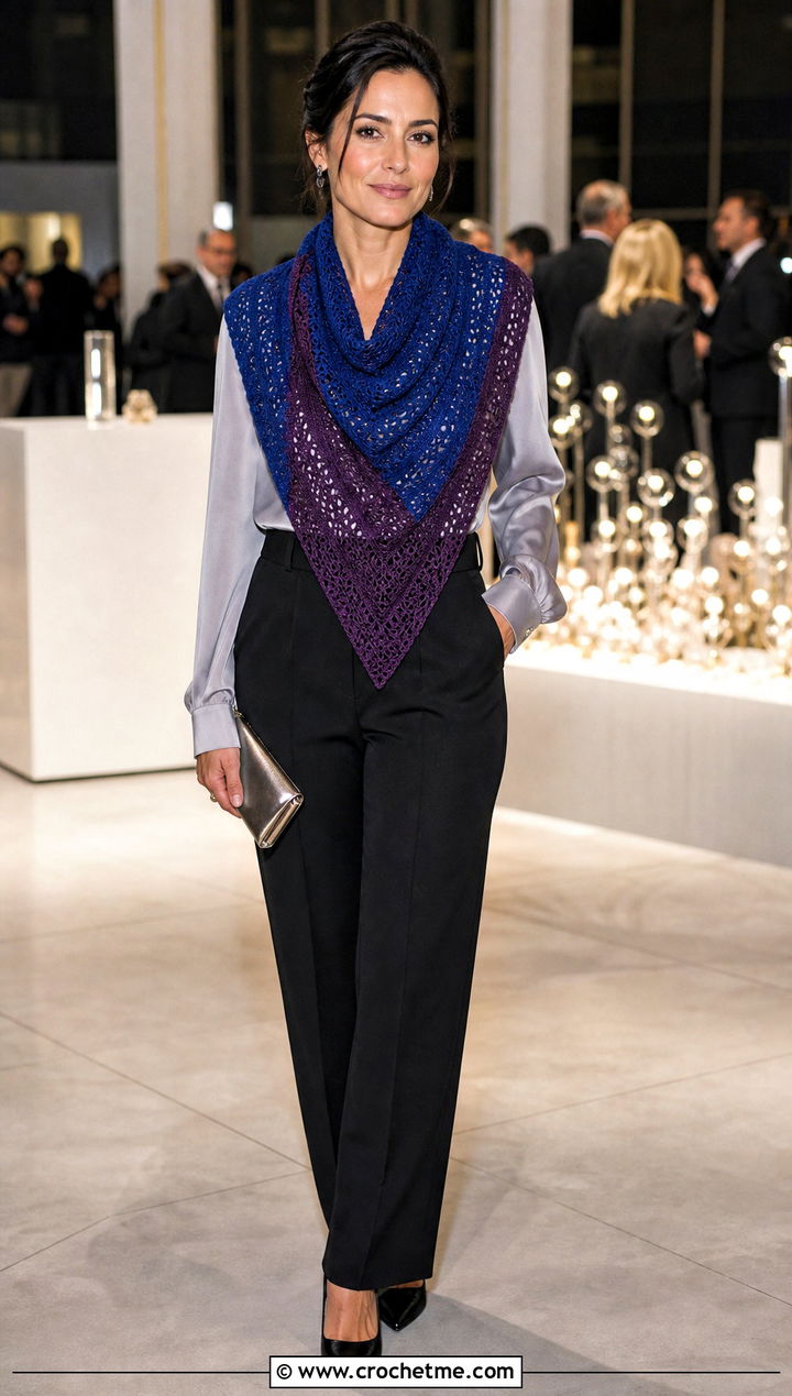 Two Tone Triangle Cowl With Satin Blouse - 30 crochet triangle cowl outfit ideas