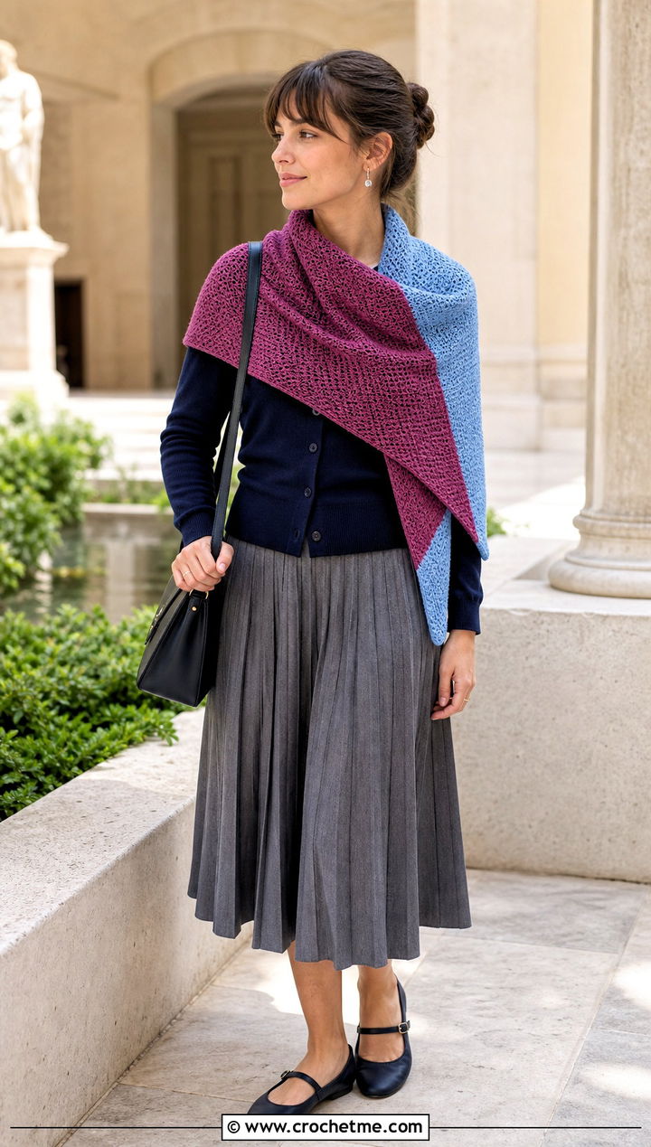 Two Tone Tunisian Crochet Triangle Shawl With Cardigan And Midi Skirt - 25 Tunisian Crochet Triangle Shawl outfit ideas
