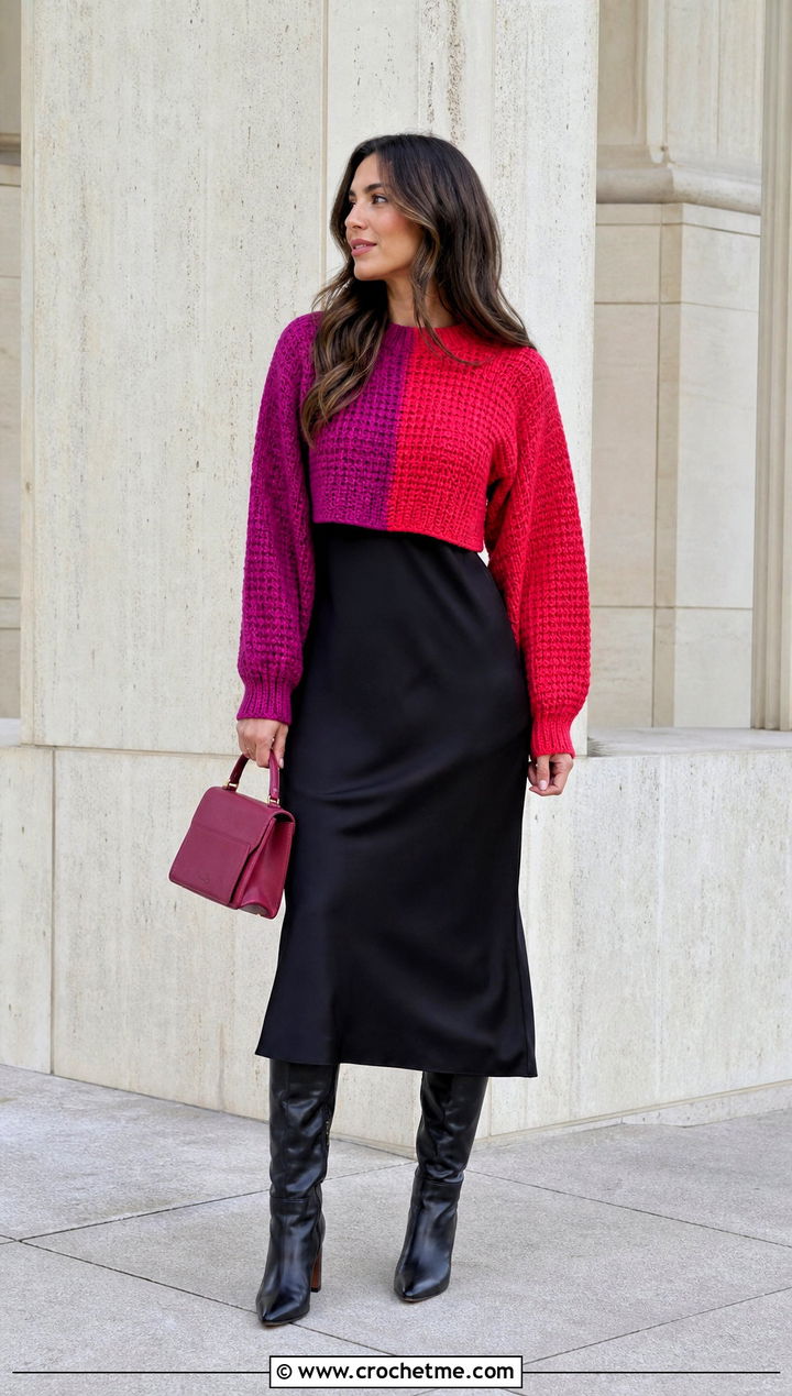 Two Tone Tunisian Sweater With Black Midi Dress - 35 tunisian crochet sweater outfit ideas