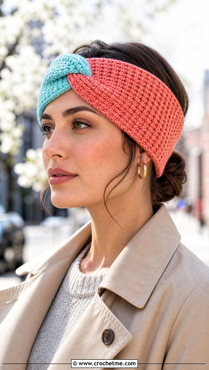 Two Tone Tunisian Twist Headband With Trench Coat - 30 tunisian crochet headband outfit ideas