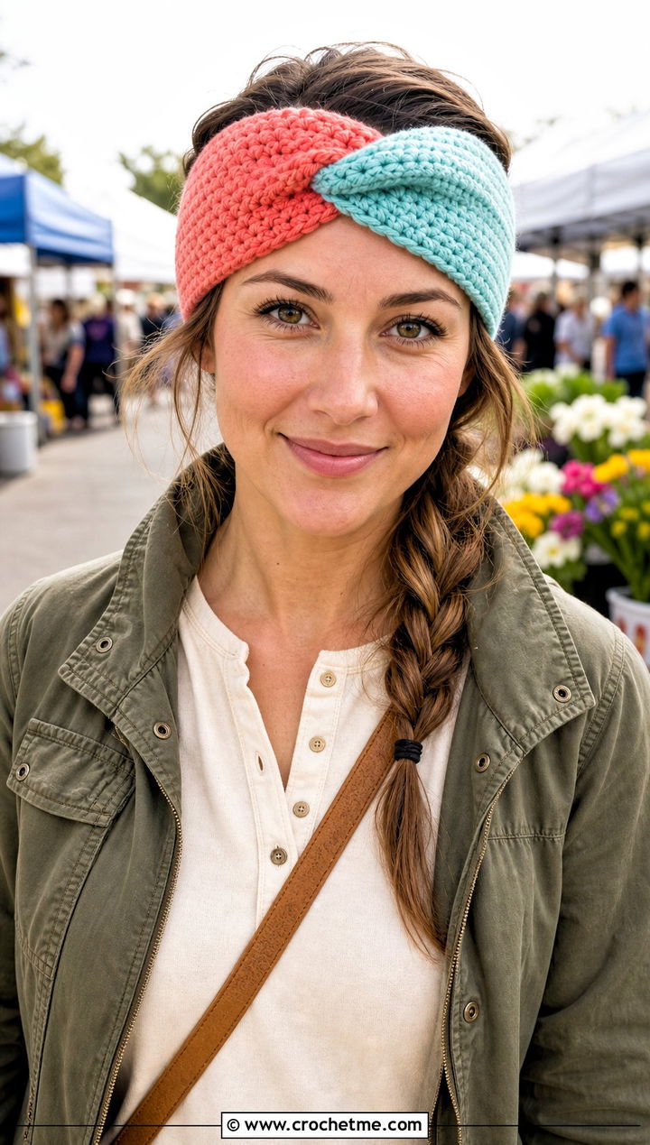 Two Tone Twisted Knot Crochet Headband With Utility Jacket - 15 Twisted Knot Crochet Headband outfit ideas