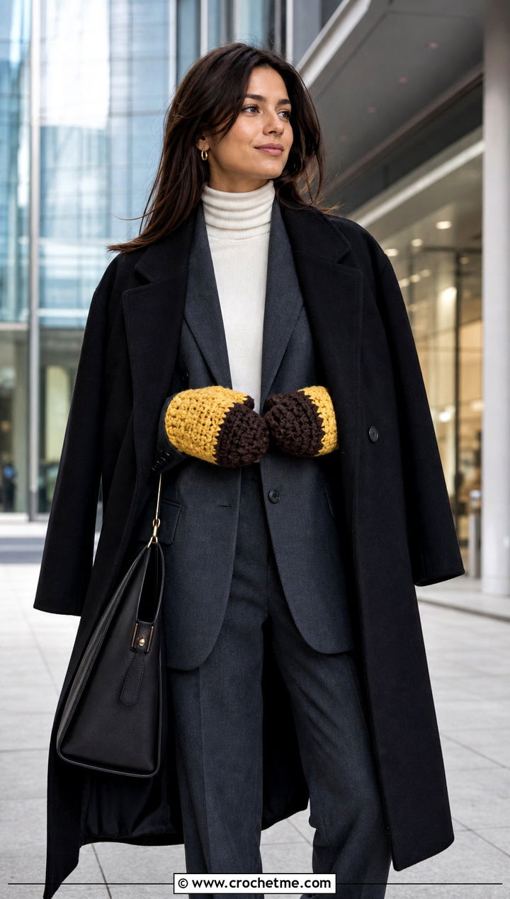 Two Tone Velvet Crochet Mittens With Tailored Suit - 20 velvet crochet mittens outfit ideas