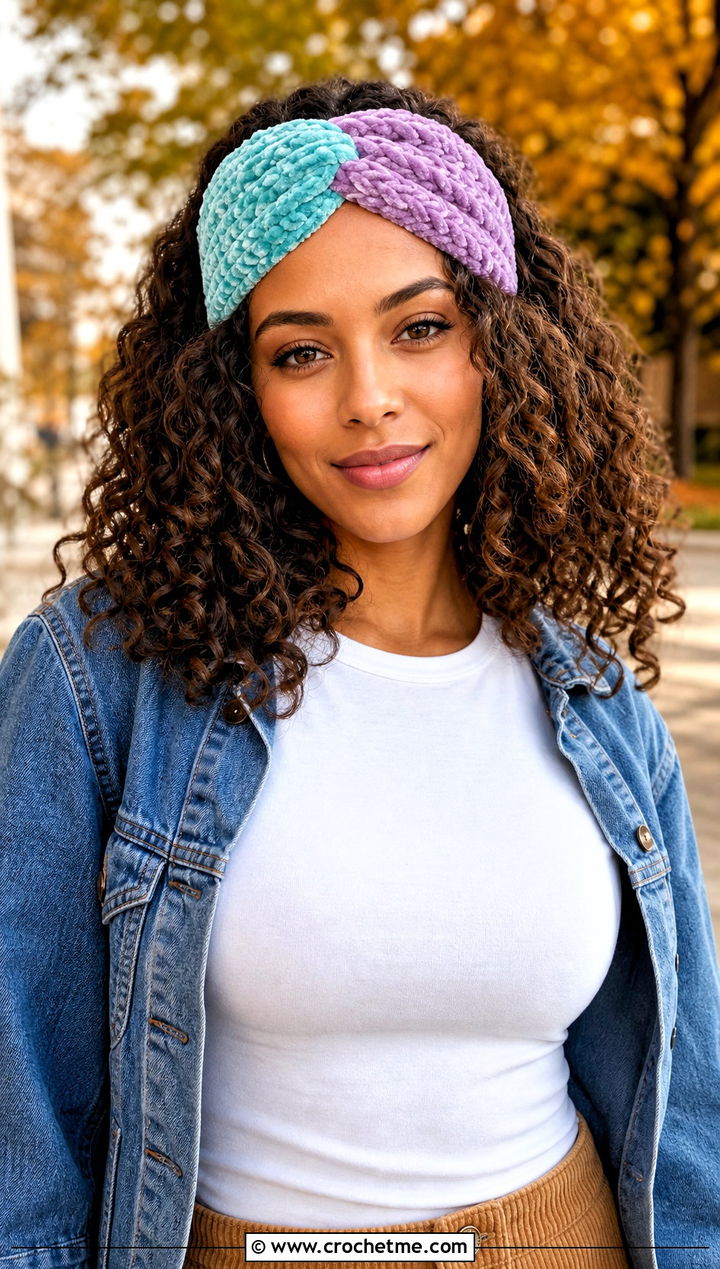Two Tone Velvet Twist Crochet Headband With Denim Jacket And Corduroy Pants - 20 Velvet Twist Crochet Headband outfit ideas