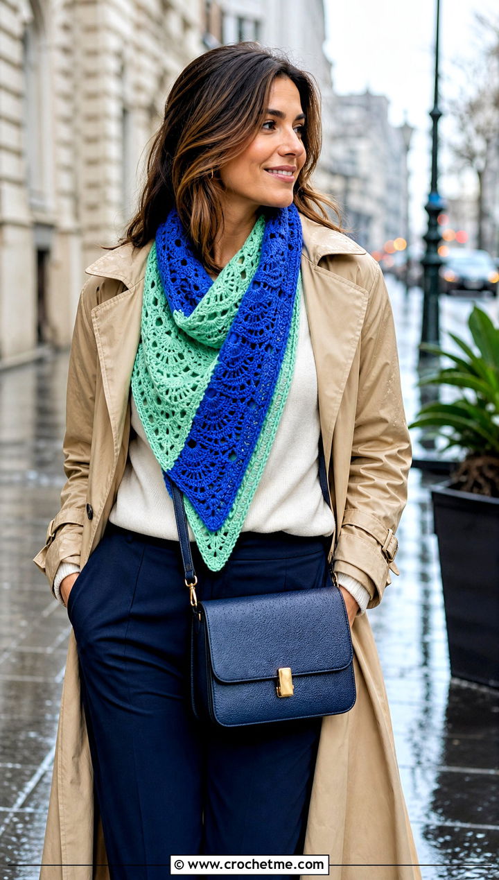 Two Tone Virus Shawl With Trench Coat - 35 crochet virus shawl outfit ideas