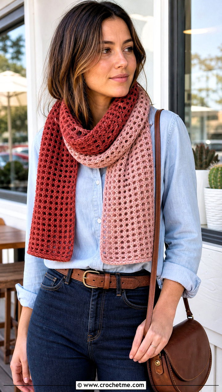 Two Tone Waffle Crochet Scarf With Double Denim - 25 Waffle Crochet Scarf outfit ideas