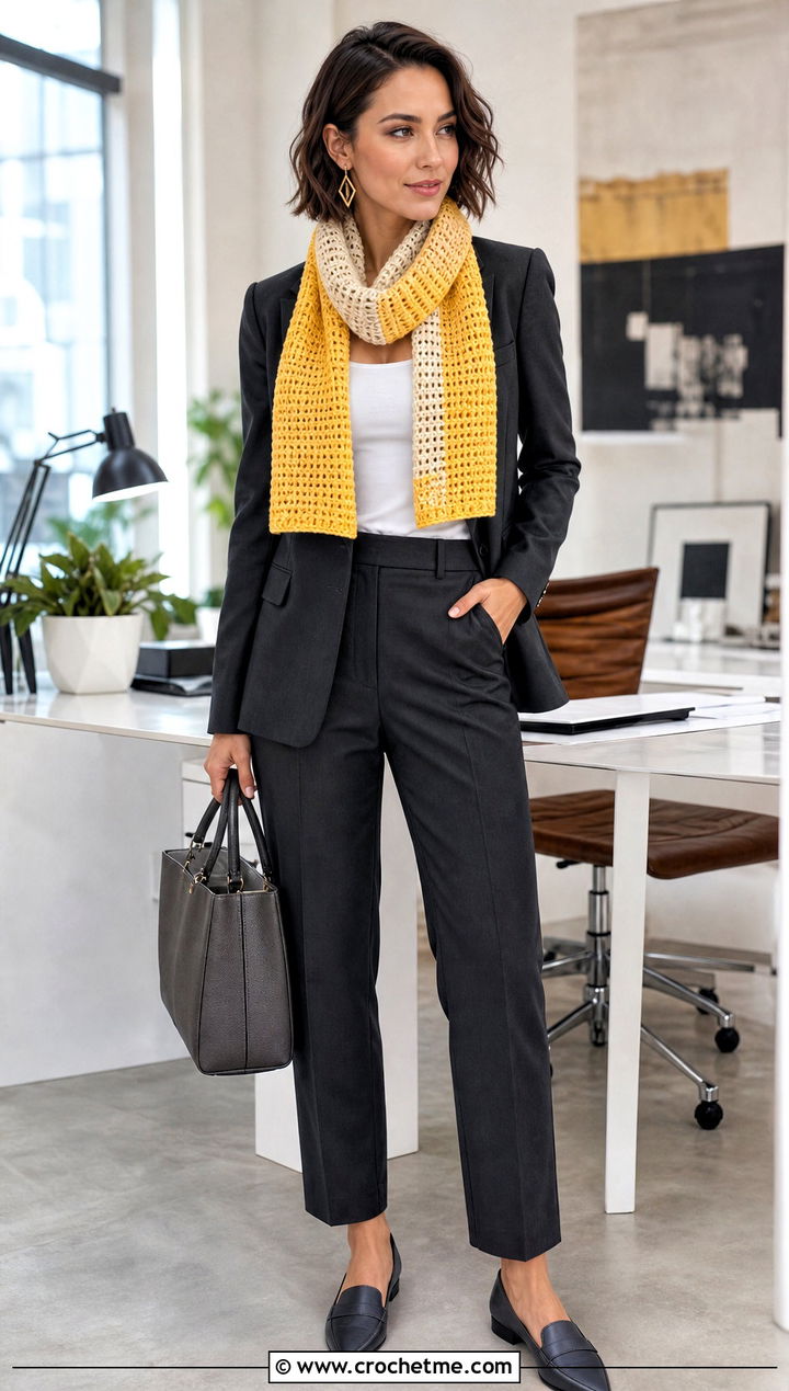 Two Tone Waffle Stitch Crochet Scarf With Pantsuit - 30 waffle stitch crochet scarf outfit ideas