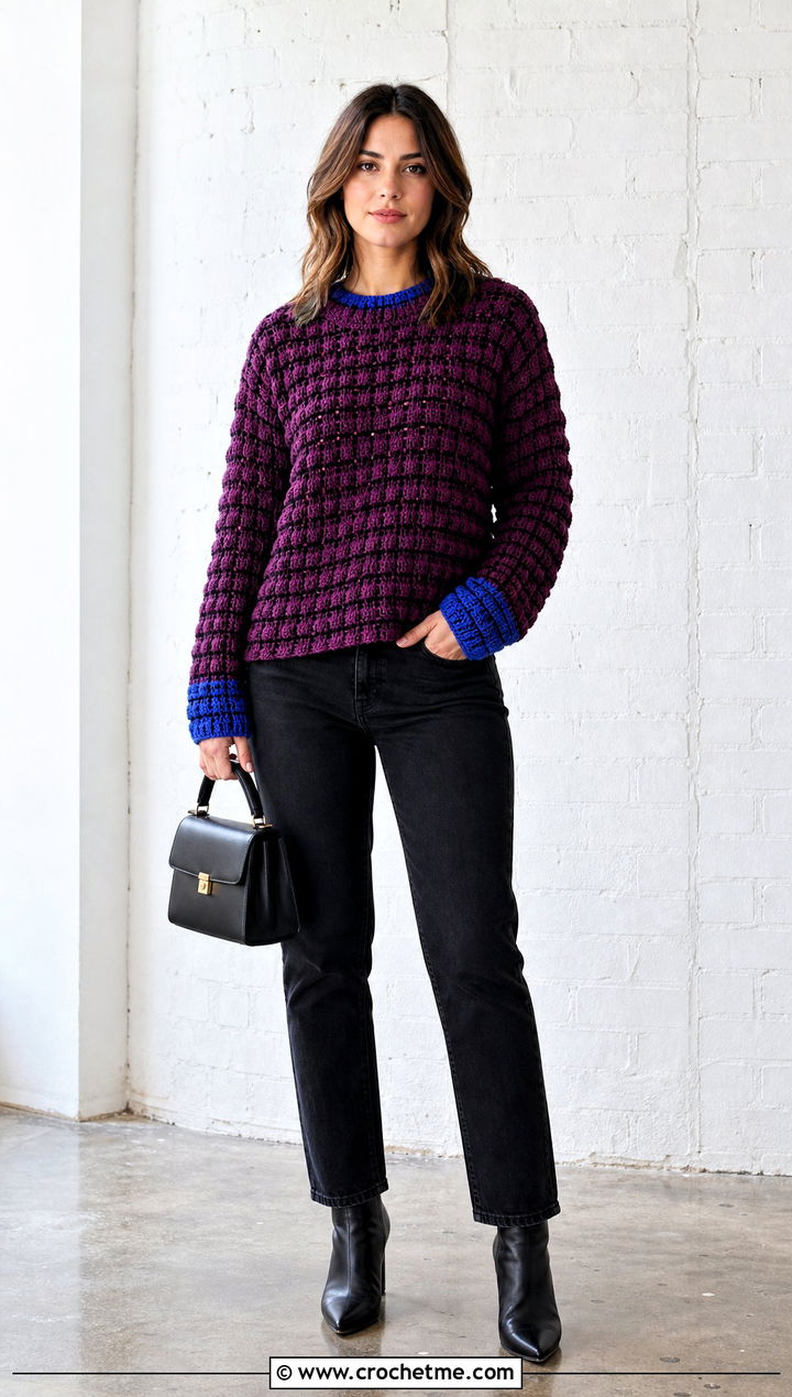 Two Tone Waffle Stitch Crochet Sweater With Black Denim - 30 waffle stitch crochet sweater outfit ideas