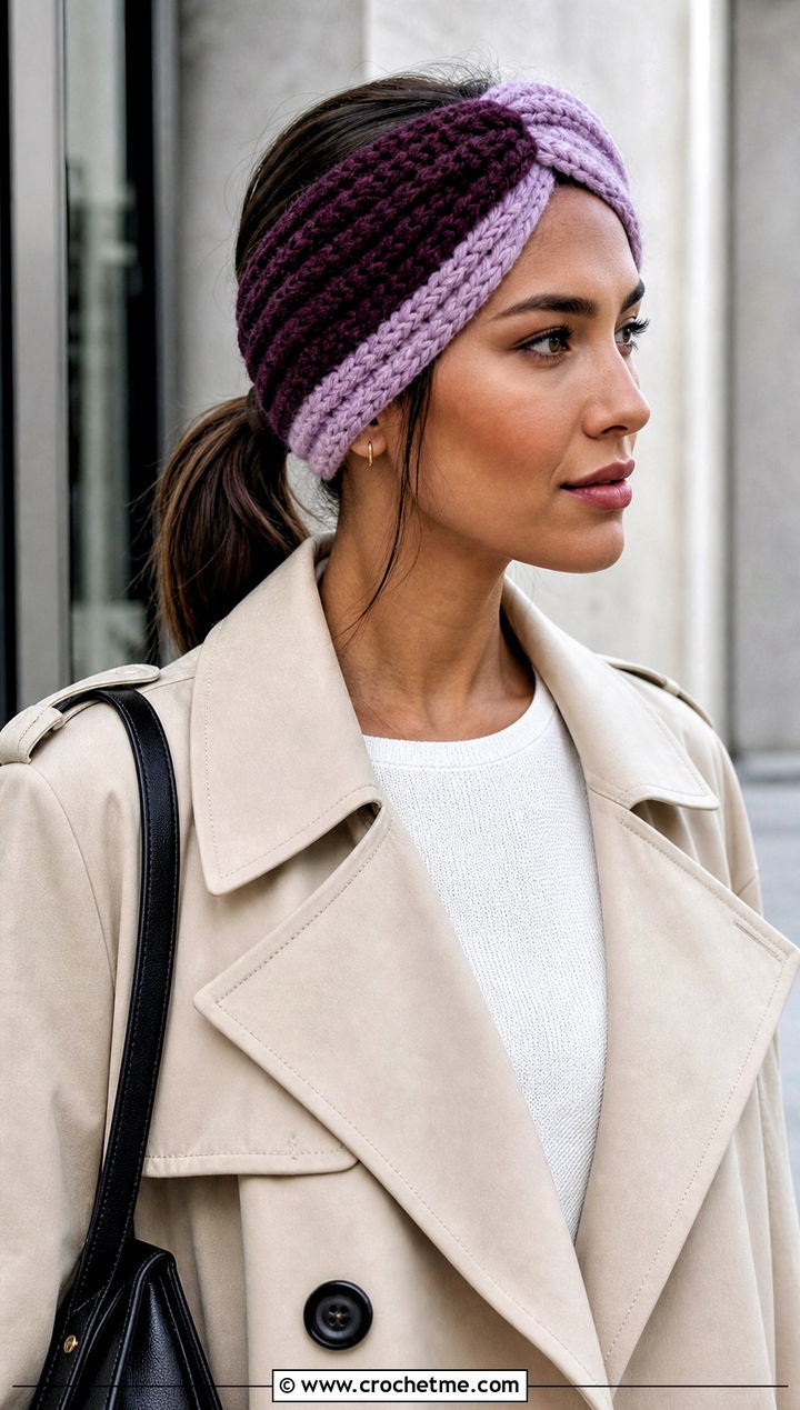 Two Tone Wide Cinch Crochet Headband With Trench Coat - 15 wide cinch crochet headband outfit ideas