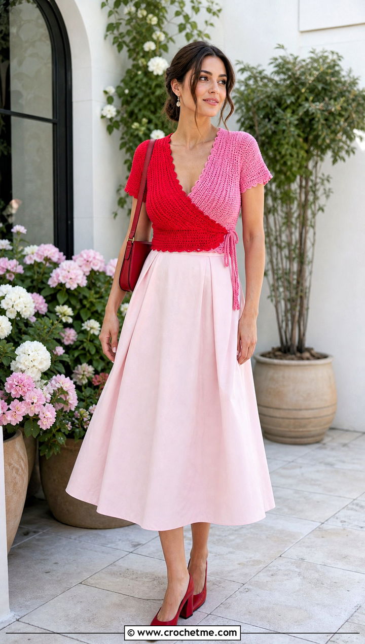 Two Tone Wrap Crochet Top With A Line Skirt - 25 Crochet Two Tone Top outfit ideas