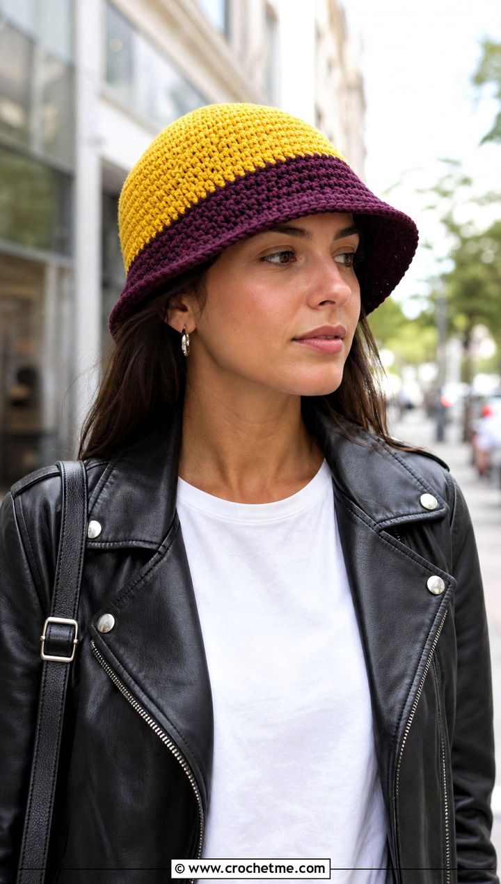 Two Tone Yellow Crochet Bucket Hat With Leather Jacket - 30 yellow crochet bucket hat outfit ideas