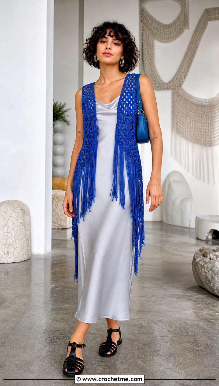 Ultramarine Blue Fringe Vest Top Over A Slip Dress - 15 Blue Crochet Top With Fringes outfit ideas
