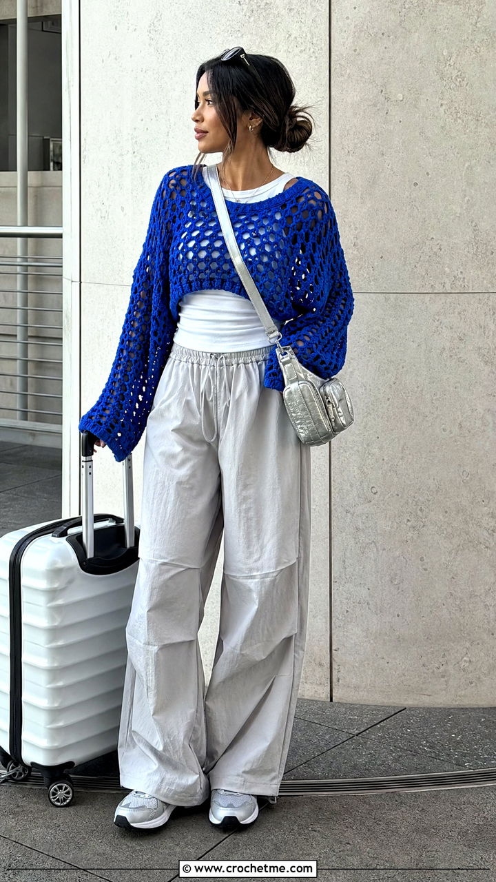 Ultramarine Drop Shoulder Crochet Sweater With Parachute Pants - 35 blue crochet sweater outfit ideas