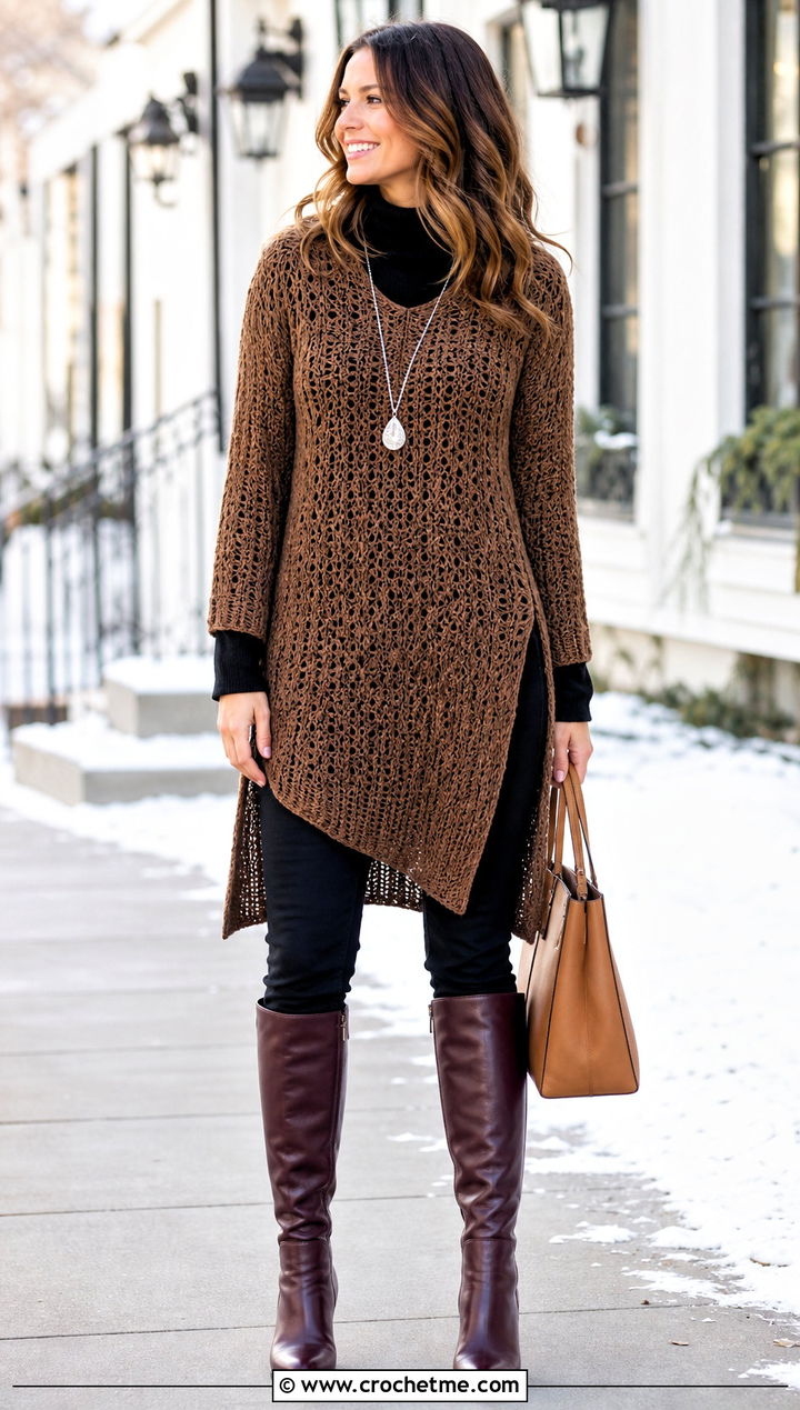 Umber Crochet Tunic Sweater With Knee High Boots - 15 Brown Crochet Sweater Design outfit ideas