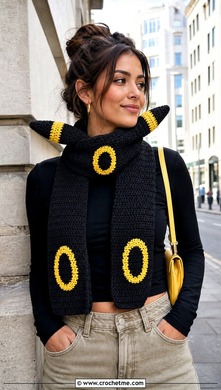 Umbreon Black And Yellow Scarf With Khaki Denim - 25 Crochet Pokemon Scarf outfit ideas