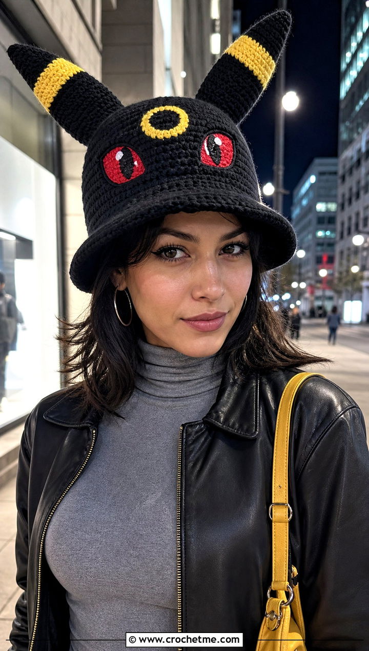 Umbreon Ear Crochet Pokemon Bucket Hat With Leather Jacket - 15 Crochet Pokemon Bucket Hat outfit ideas