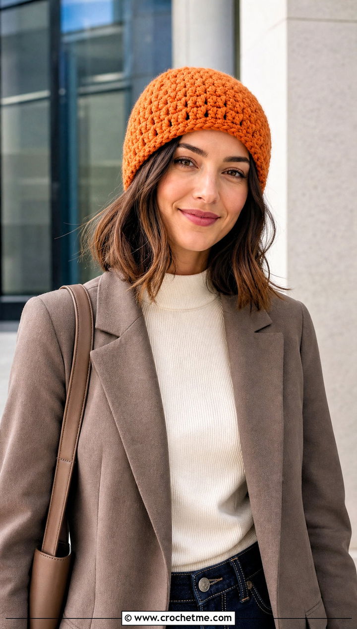 Uncuffed Bulky Yarn Crochet Beanie With Blazer And Jeans - 30 bulky yarn crochet beanie outfit ideas
