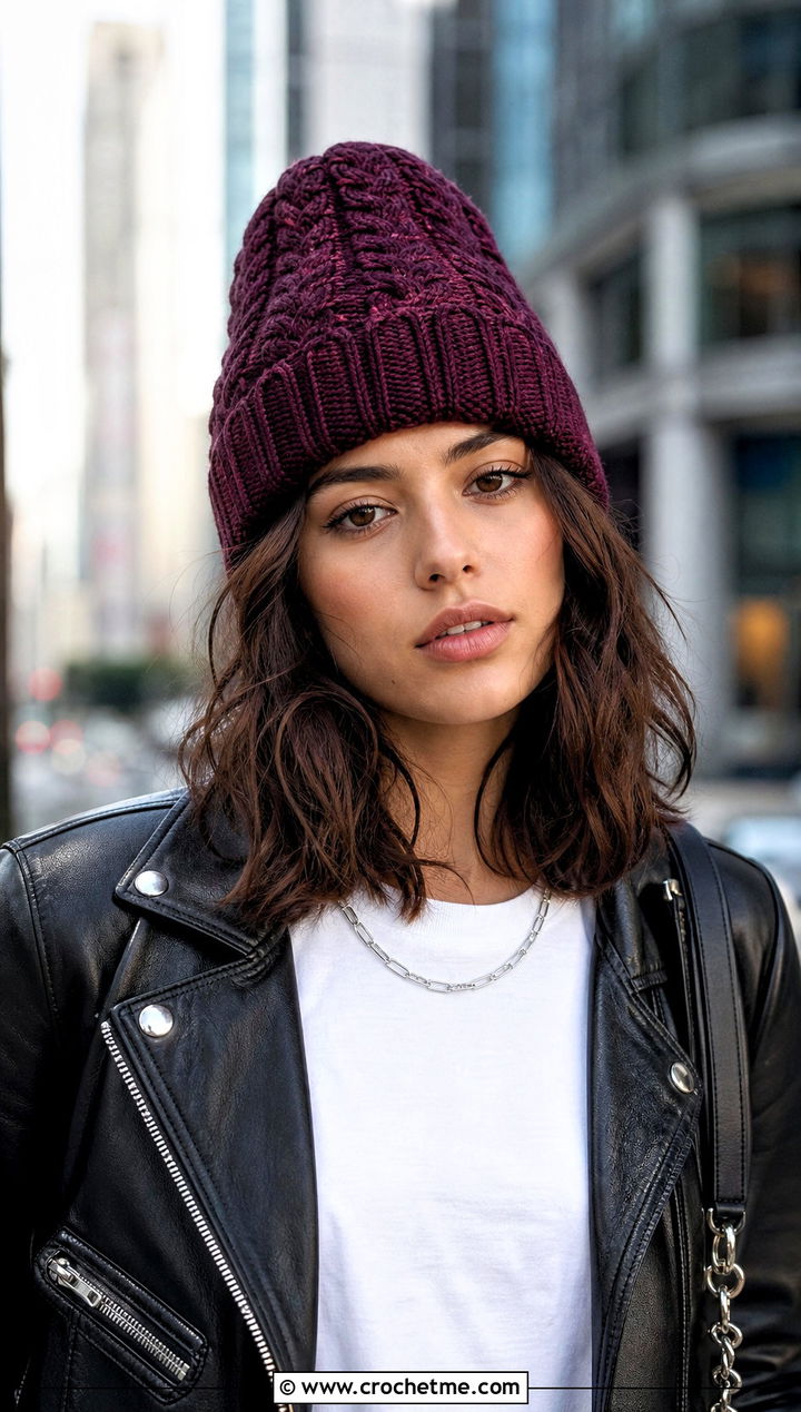 Uncuffed Cable Beanie With Leather Jacket - 20 Crochet Cable Stitch Beanie outfit ideas