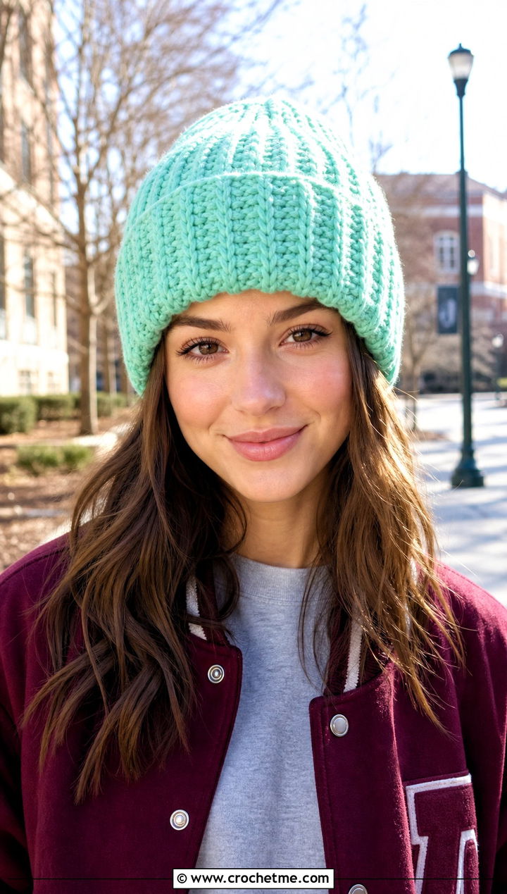 Uncuffed Chunky Ribbed Crochet Beanie With Varsity Jacket - 25 Chunky Ribbed Crochet Hat outfit ideas