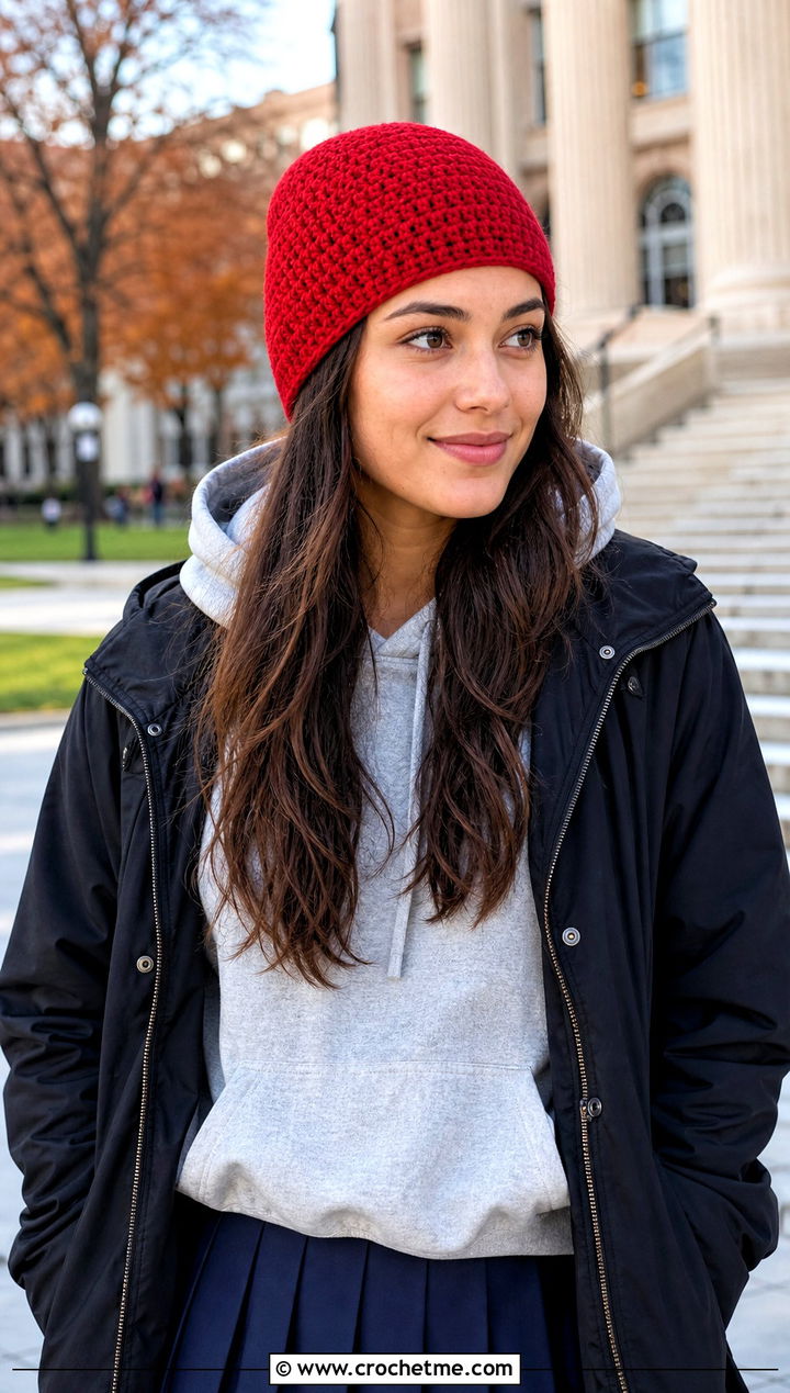 Uncuffed Crochet Beanie With Hoodie And Pleated Skirt - 25 Fast Crochet Beanie outfit ideas