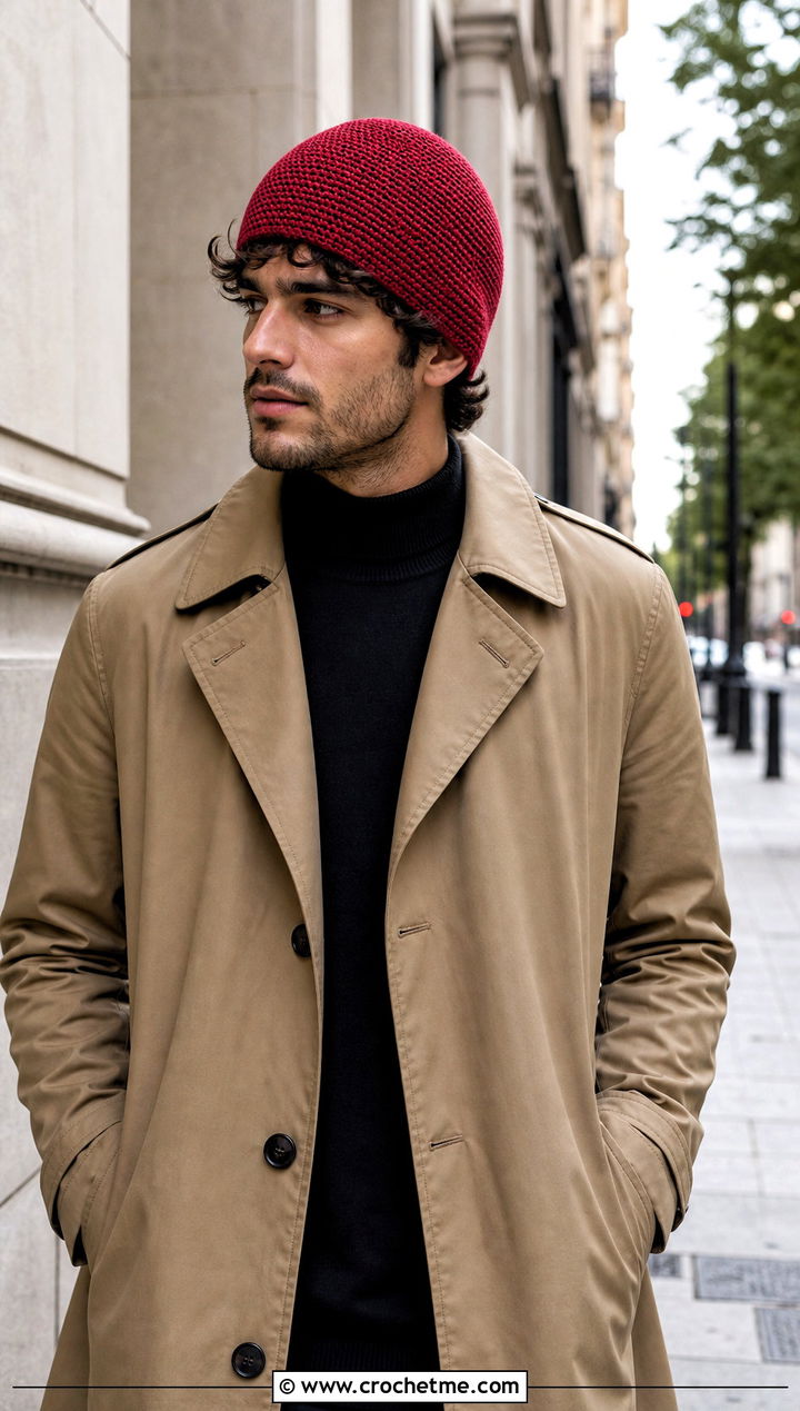 Uncuffed Crochet Beanie With Trench Coat - 25 Easy Mens Crochet Beanie outfit ideas