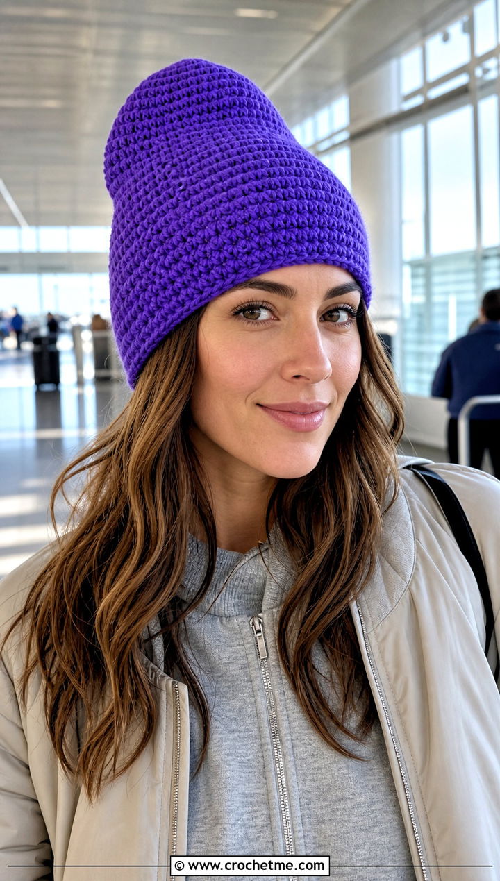 Uncuffed Magic Circle Crochet Beanie With Airport Outfit - 25 Crochet Beanie Magic Circle outfit ideas