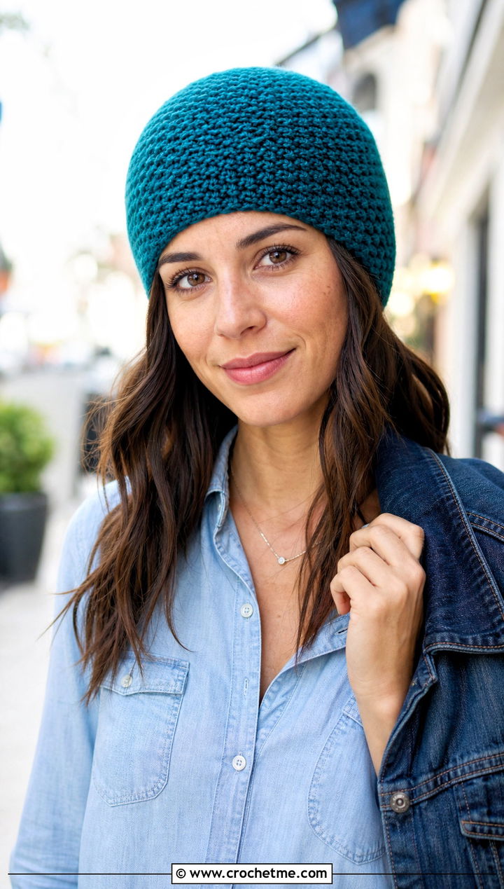 Uncuffed Moss Stitch Beanie With Denim Shirt - 20 Crochet Moss Stitch Beanie outfit ideas